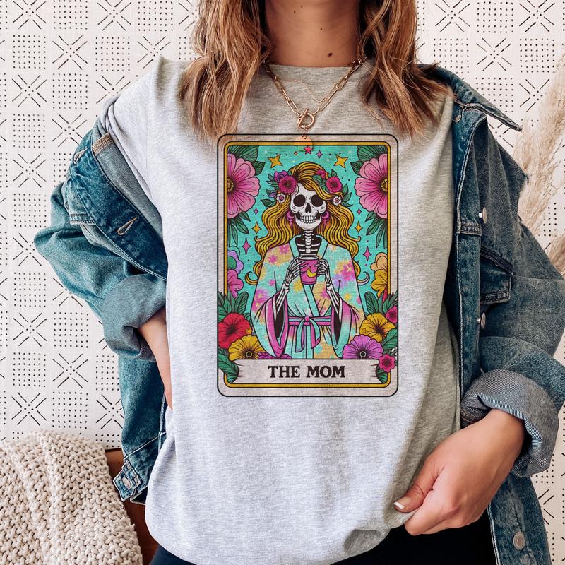 Tarot Skeleton Mom Tees Tarot Card Mom Rocker Tshirts Skull Mom T-Shirts Womens Skull Tees Floral Skull Tops Mom Tarot Tees