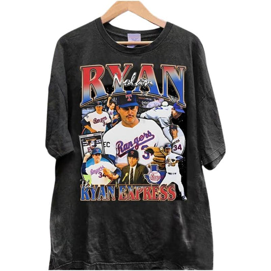 Nolan Ryan Collage 90's Vintage T-Shirt, Baseball Player Shirt, Baseball Shirt Classic Collar Cotton Fabric Jersey Menswear Top Decoration Streetwear