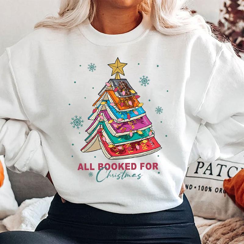 All Booked for Christmas Sweatshirt, Librarian Bookworm T-Shirt Sweatshirt, Book Lover Crewneck, Xmas Gift, Womenswear Menswear Tops