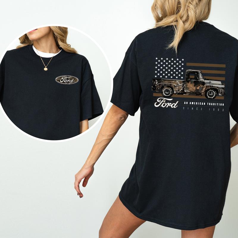 Vintage Camo Ford Truck 2-Sided Shirt for Women and Men, Retro American Flag Truck Tshirt, Car Lover Gifts Tops, Cotton Fabric Tee, Casual Womenswear