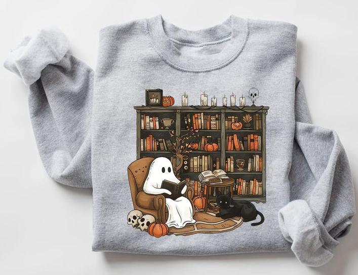 Retro Ghost Reading Books Sweatshirt T-Shirt Hoodie, Librarian Ghost Halloween Sweater, Halloween Teacher Shirt, Ghost Halloween Shirt, Ghost Shirt, G