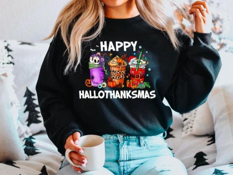 Happy HalloThanksMas Coffe Shirt - Sweatshirt - Hoodie, Funny Gnome Sweatshirt, Cute Drinking T-shirt, Women Christmas Shirt, Thanksgiving Tee, Hallow