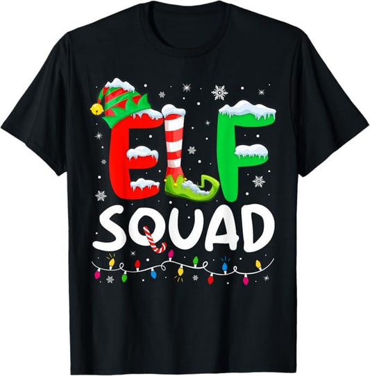 Elf Family Christmas Matching Pajamas Xmas Elf Squad T-Shirt Black Cotton T-shirt