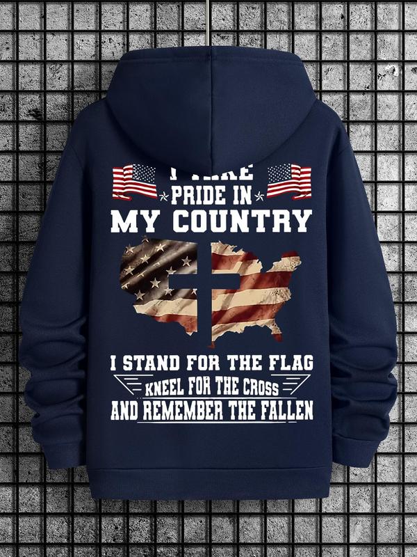 Men's American Flag Print Drawstring Hoodie, Casual Regular Fit Sweatshirt for Spring & Fall, Daily Wear Fashion for Men