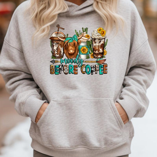 Moody Before Coffee Cow Women's Hoodie - Casual Graphic Tee