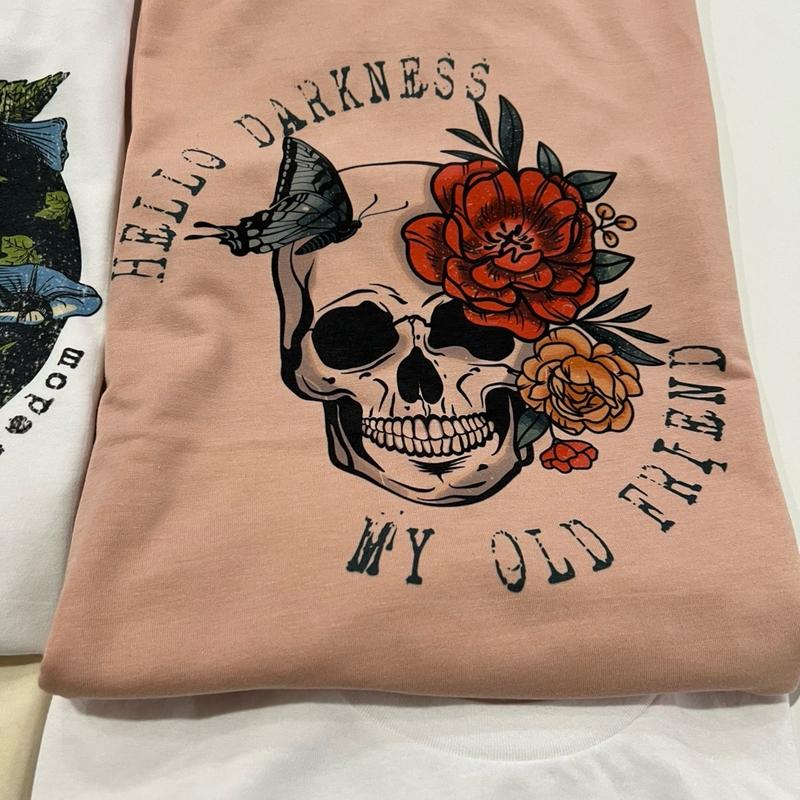Skull Tshirts Painted Skull Tees Painted Floral Skull Tops Floral Skull  T-Shirts Womens Floral Skulls Tops Skeleton Rocker Tees Girly Skull T-Shirts