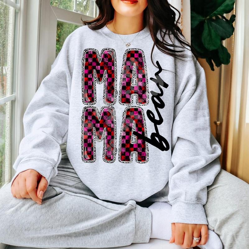 Checkered Mama Bear Sweatshirt - Ash Grey - Sublimation - Valentine’s Day - Unisex Jersey Sweatshirt
