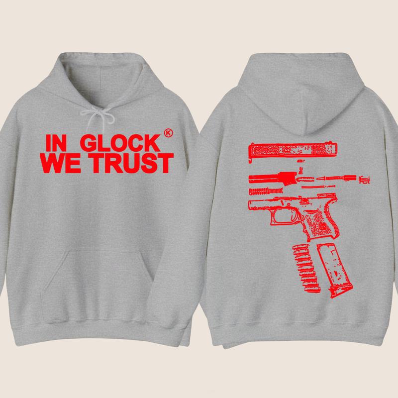 IN GLOCK WE TRUST 2 side Hoodie,Design color Red, Hoodie For Men, Menswear Top , GIft For Men,Full color,Hoodie & sweaters