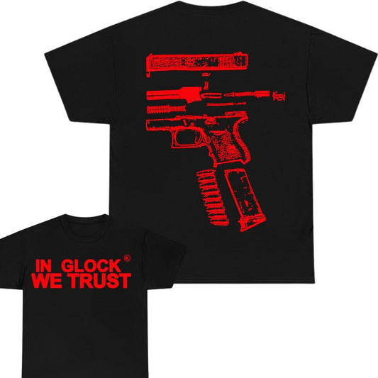 IN GLOCK WE TRUST 2 side T-shirt,Design Red, T-shirt For Men,Full color, Menswear Top, GIft For Men Cotton Classic