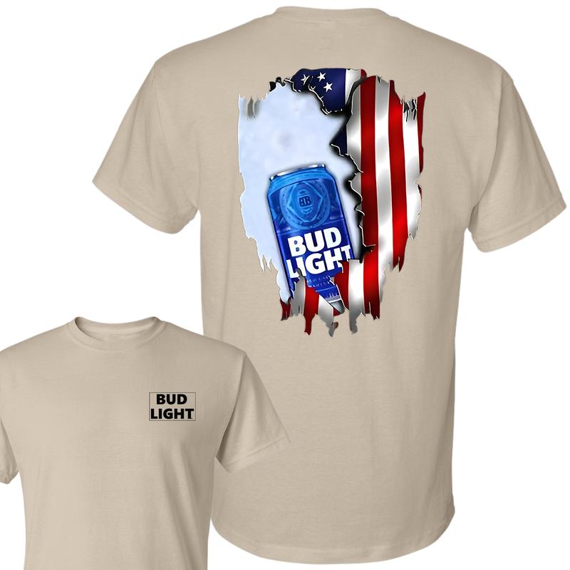 Bud Light Ripped American Flag T-Shirt, Unisex T-Shirt, Full Color, For Men, For Women