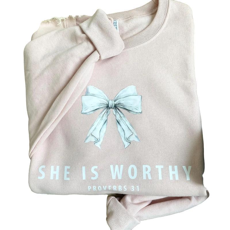 She is Worthy Blush Neon Light Blue Graphic Printed Crewneck Sweatshirt, Christian Religious Jesus Apparel
