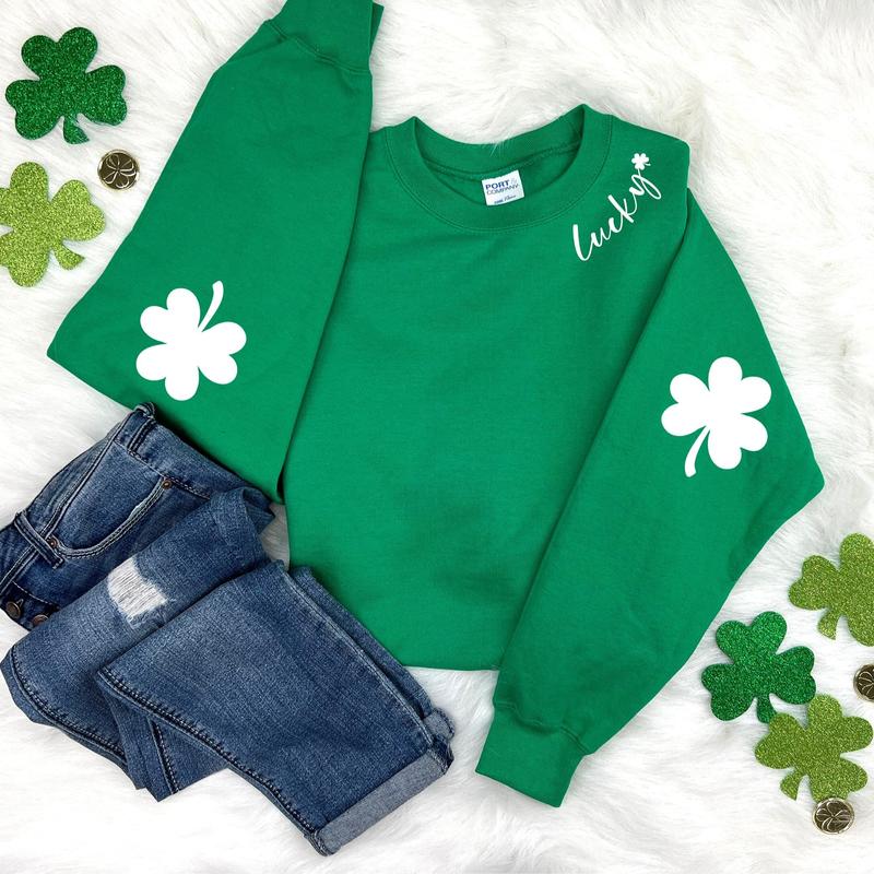 St. Patricks Day Sweatshirt for Women, Lucky Crewneck, Shamrock Elbow Sweatshirt, Armpatch Shamrock Sweatshirt, Irish Sweatshirt, St Pattys