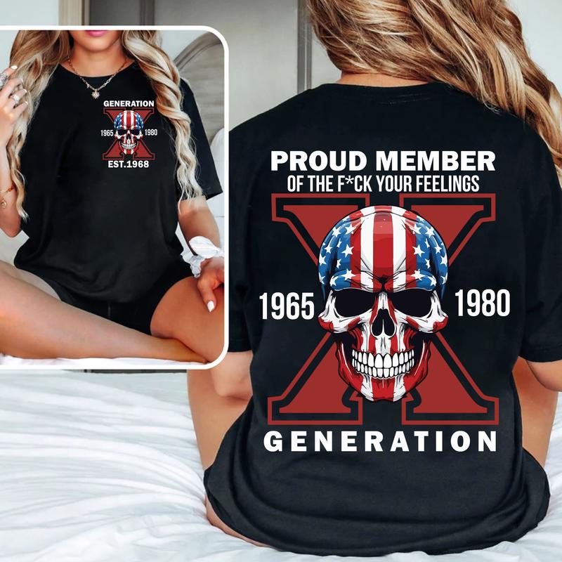 Custom Est.Year 1968 Flag Skull GenerationX 2 Side Skull Shirt, GenX T-shirt, Skull Proud Member Generation X Shirt, Skull Shirt V2