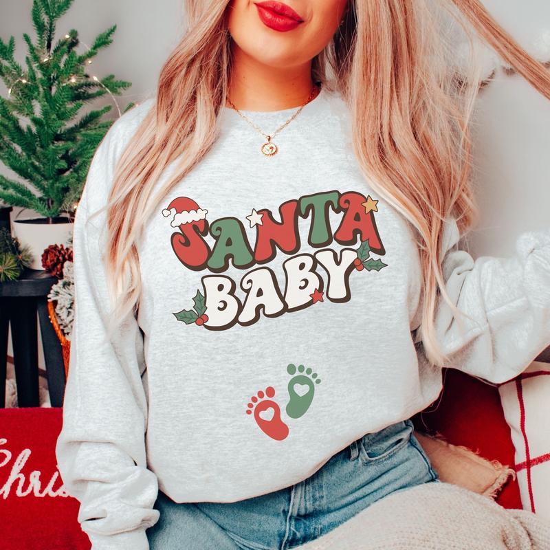 Santa Baby Christmas Pregnancy Announcement Sweatshirt XMas Maternity Sweater Holiday Gender Reveal Outfit Winter Baby Shower Gift