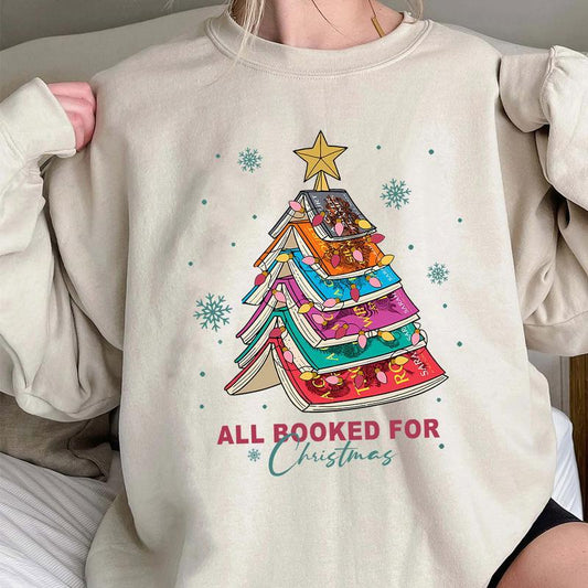All Booked for Christmas Sweatshirt, Librarian Bookworm T-Shirt Sweatshirt, Book Lover Crewneck, Xmas Gift, Womenswear Menswear Tops