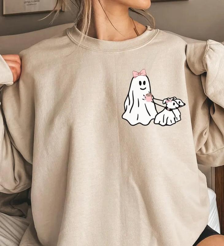 HALLOWEEN PINK GHOST Sweatshirt, Ghost Walking Dog Sweatshirt, Womens Halloween Sweater, Viral Ghost Walking Dog Shirt