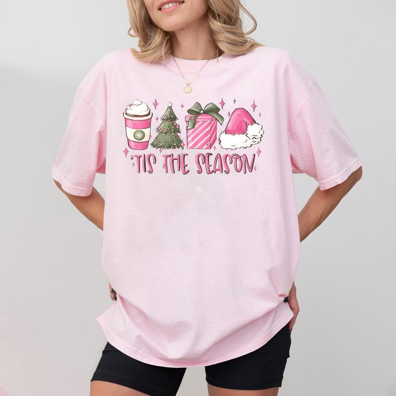 Cute Pink Christmas Sweatshirt, Tis the Season Pink Christmas Sweatshirt, Thanksgiving 2024, Shirt Christmas Coffee, Women's Pink Christmas Crewneck S