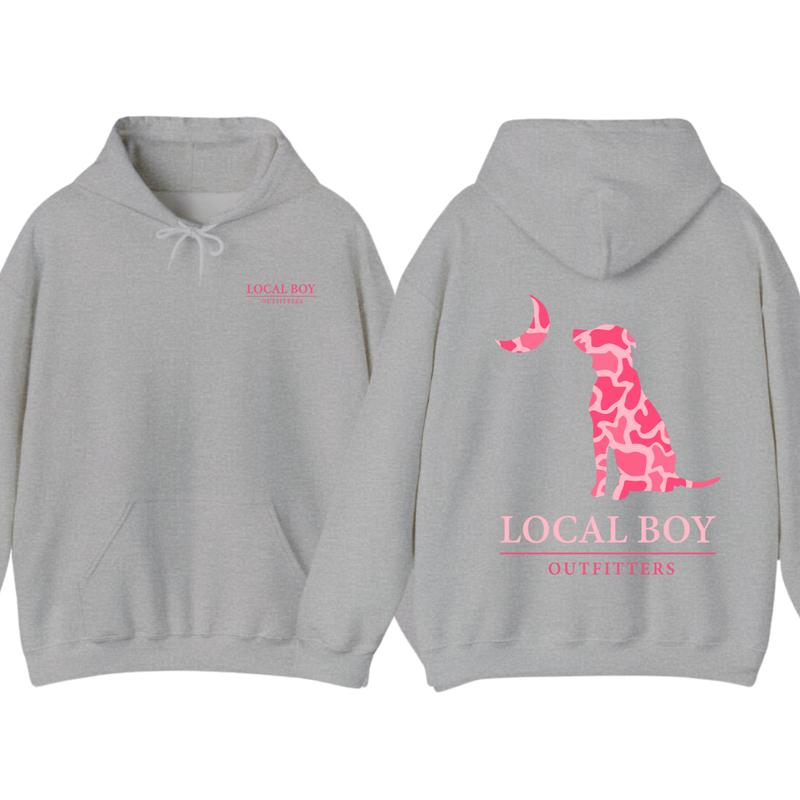 Local Boy Outfitters Dog And Moon Pink Camo Hoodie Sweatshirt T-Shirt, Hunting Shirt, Casual Unisex Shirts, Funny Shirt, Hoodie For Men, Women, Full C