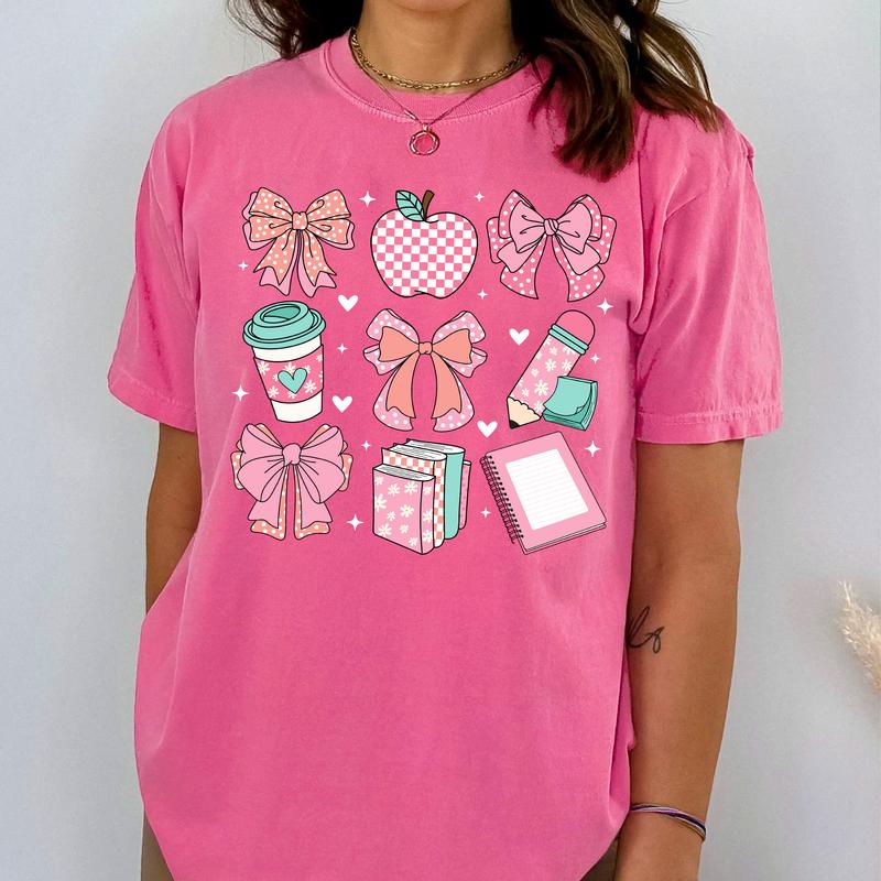 Coquette Bow Teacher Shirt, Pink Bow Aesthetic Shirt, Book Lover Shirt, Girlie Coquette Bow, Bookworm Shirt, School Librarian Shirt Casual Comfort Cot