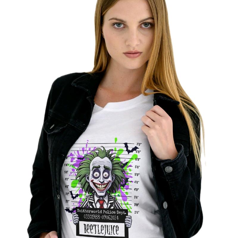 Beetlejuice Cartoon Mugshot T-Shirt for MenWomen Comfortable Cotton Top oogie boogie Womenswear Breathable Everyday Fit Casual