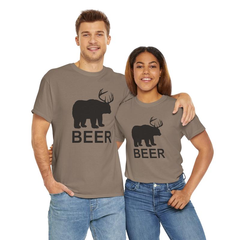 Bear and Deer Heavy Cotton Tee - Beer Shirt - Funny Shirt - Gift For Men And Women - Outdoors - Nature - Hunting Shirt