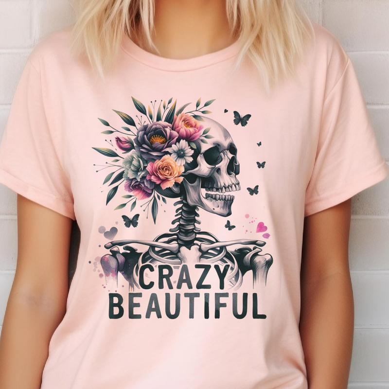Skull Tee Sarcastic T-Shirt Floral Skeleton Tshirt Girly Skull Tops Floral Skull T-Shirt Short Sleeve Shirt Womens Casual Tee Trending Rocker Tee Craz