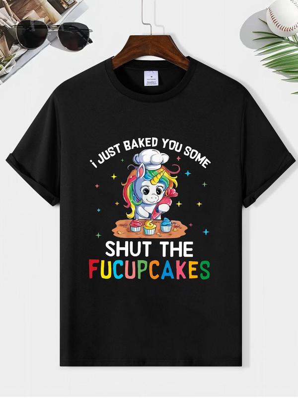 Men's Classic Cartoon & Letter Print Tee, Regular Fit Round Neck Summer Short Sleeve T-shirt, Comfortable Casual Menâ€™s Vintage Streetwear