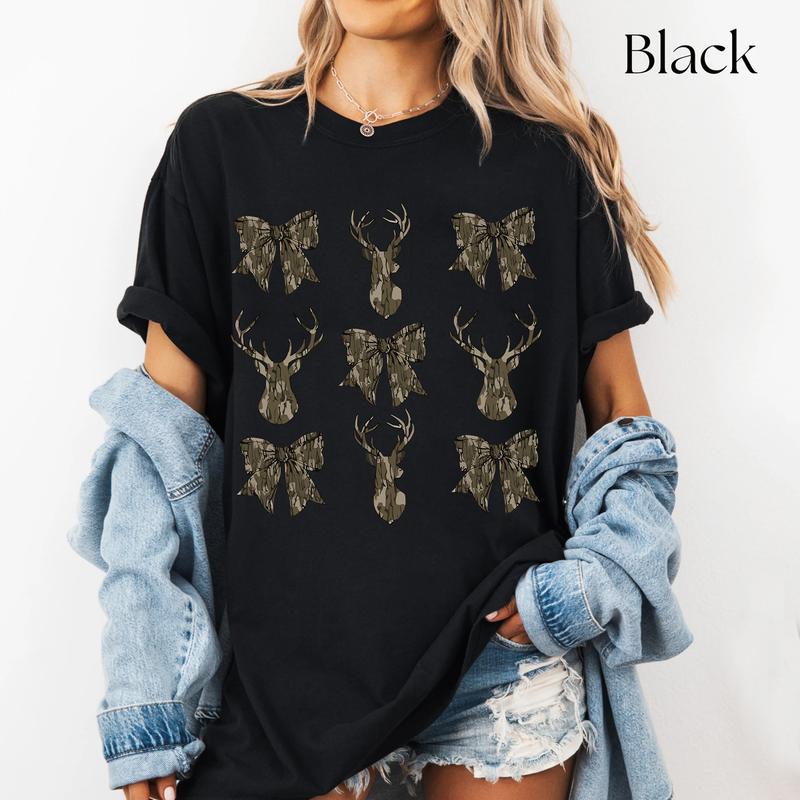 Camo Coquette Bow Deer Huntin Shirt, Old School Camo Shirt, Bow Shirt Coquette Shirt Fall Shirt, Casual Cotton Round Neck Graphic Tee Gift For Men And
