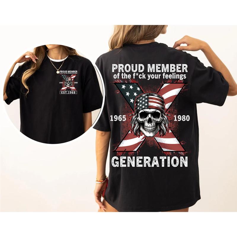 Custom Est.Year 1968 Skull GenX 2 Side Skull Shirt, GenX T-shirt, Skull Proud Member Generation X Shirt, Flag Skull Shirt