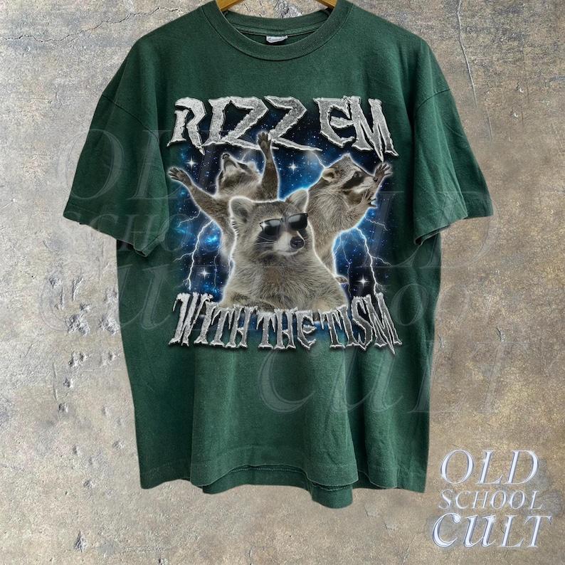 Rizz Em With The Tism Raccoon Vintage Graphic Shirt, Retro 90s Raccoon Rizz Graphic Shirt, 100% Cotton, Crew Neck, Slight Stretch, Breathable & Wear-R