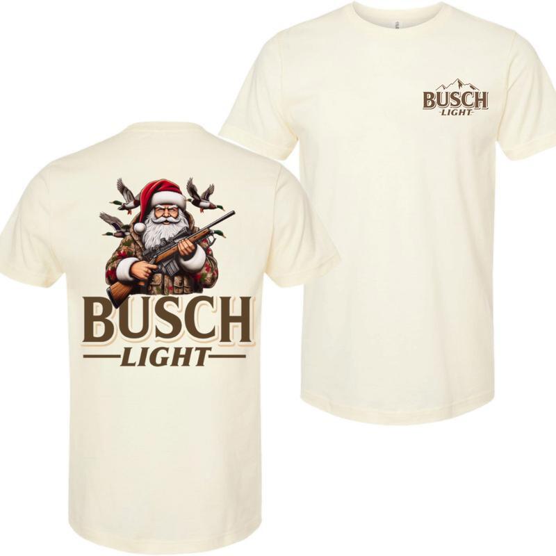 Busch Light, Christmas Santa Claus Hunting 2 Sided T-shirt , Perfect for Outdoorsmen and Waterfowl Hunter, Unisex for Men and For Women