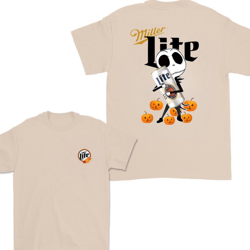 Jack Hug Miller Lite Skellington Halloween 2 Sides T-shirt, Skeleton Miller Lite T-shirt Full Color, Miller Lite Halloween T-shirt For Men And Women