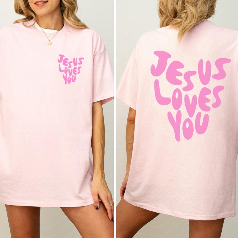 Jesus Loves You Letter Prints 2 Sided T-Shirts For Women, Comfort Clothing, Cotton Fabric Tshirt, Printed Women's Top, Casual Womenswear