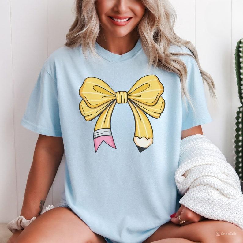 Coquette Teacher Shirt, Coquette Pencil Bow T-Shirt Sweatshirt, Back to School Tee, Appreciation Gift, Elementary Teacher Gift,  Full Color, Printed I