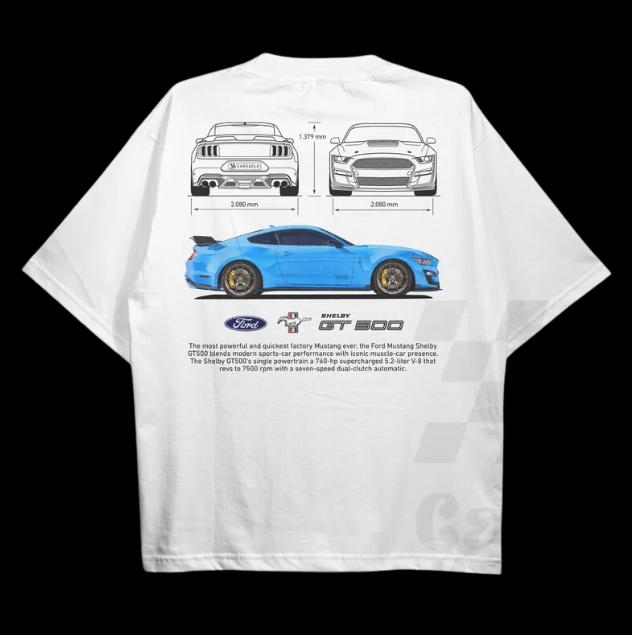 Drive in Style Car-Themed T-Shirts, Mustang Shelby GT500 WHITE T-Shirt, Mustang Shelby GT500 Technical Specs T-Shirt, Racing Shirt, Sport Car Shirt