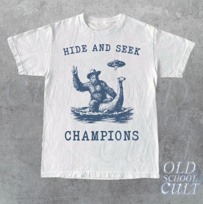 Hide And Seek Ufo Tshirt, Retro Bigfoot Shirt, Bigfoot Riding Dinosaur Shirt