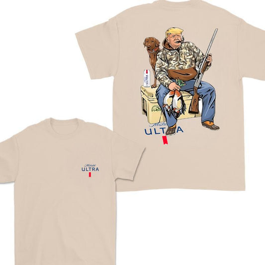 Hunter Trump With Michelob Ultra Beer 2 Sided T-shirt , Trump and Your Hunting Dog T-shirt Full Color For Men and Women, Hunting Season T-shirt