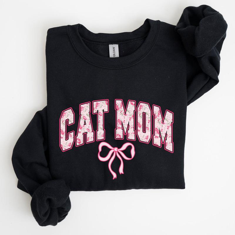 Cat Mom, Coquette, Pink Bows, Trend, Girly, Soft Girl Era Sweatshirt, Women's Crew Neck, Crewneck Casual Comfort Womenswear Comfortable Graphic