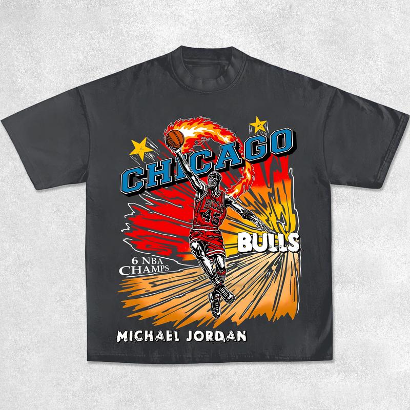 MJ Bulls Shirt, Vintage Graphic T-shirt Heavy Cotton Tee Basketball Streetwear 90s, T-Shirt Sports Clothing Menswear Top Streetwear Shortsleeve