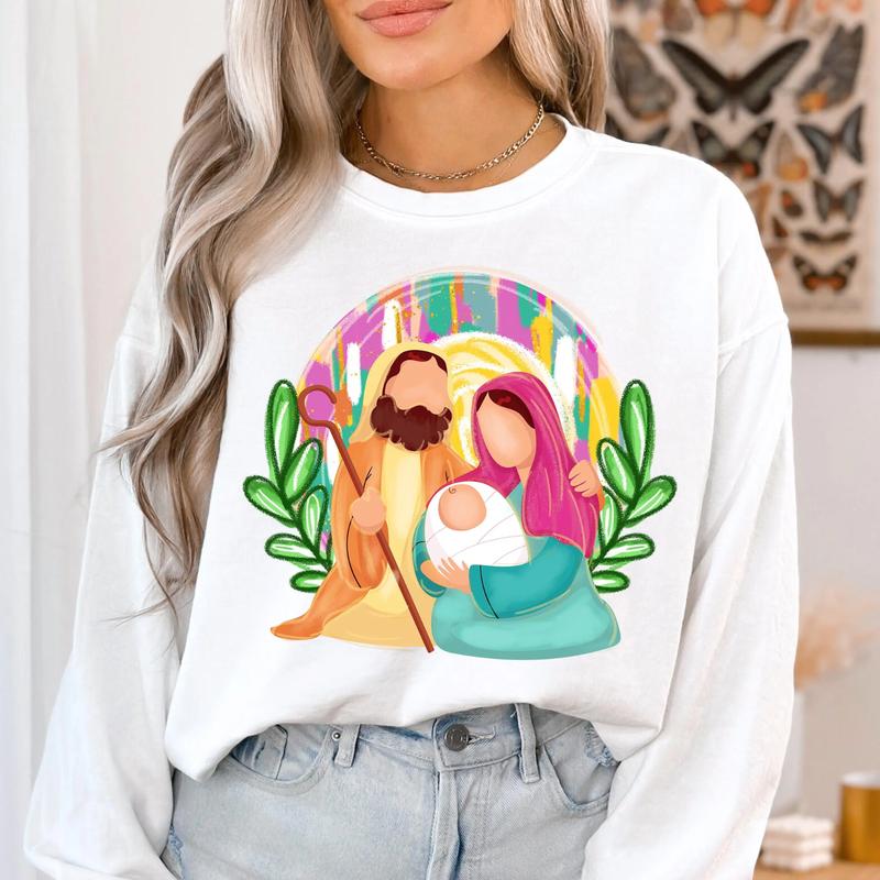Colorful Glitter Christmas Nativity Sweatshirt, Oh Come Let Us Adore Him & Baby Jesus Tee, Brushstroke Christian Designs, Cute Tee, Gift for Family, G