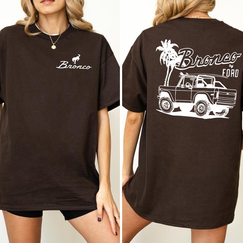 Vintage NDC Ford Bronco Graphic 2-Sided Shirt, Unisex Summer Beach Scene T-Shirt, Driving Tshirt for Men, Soft Cotton Fabric Top, Casual Womenswear
