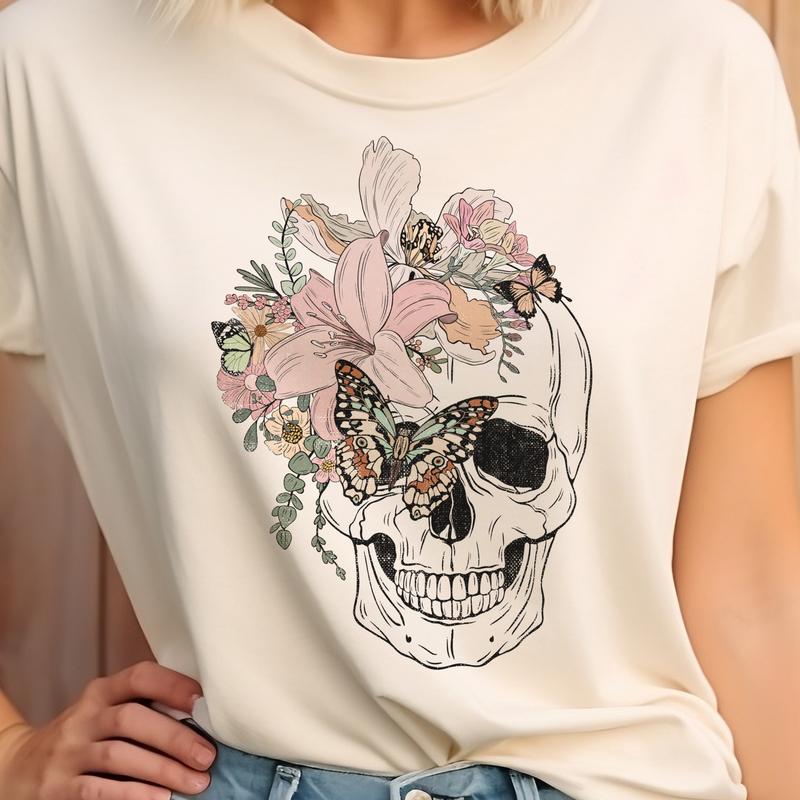 Skull Tshirts Painted Skull Tees Painted Floral Skull Tops Floral Skull  T-Shirts Womens Floral Skulls Tops Skeleton Rocker Tees Girly Skull T-Shirts