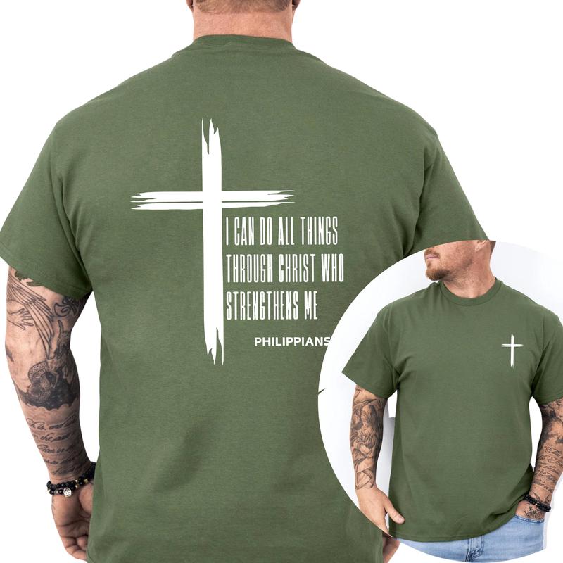 Men's Christian Cross 2-Sided Shirt, I Can Do All Things Through Christ T-shirt, Bible Verses Tops, Jesus Apparel, Religious Tees, Classic Menswear