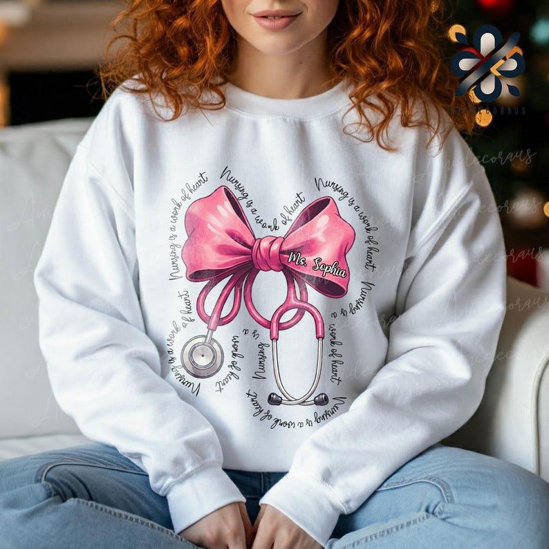 Personalized Coquette Nurse Stethoscope Bow Sweatshirt, Nurse Appreciation, Christmas Gift for Nurse, Nursing Pink Bow Shirt, Christmas Shirt