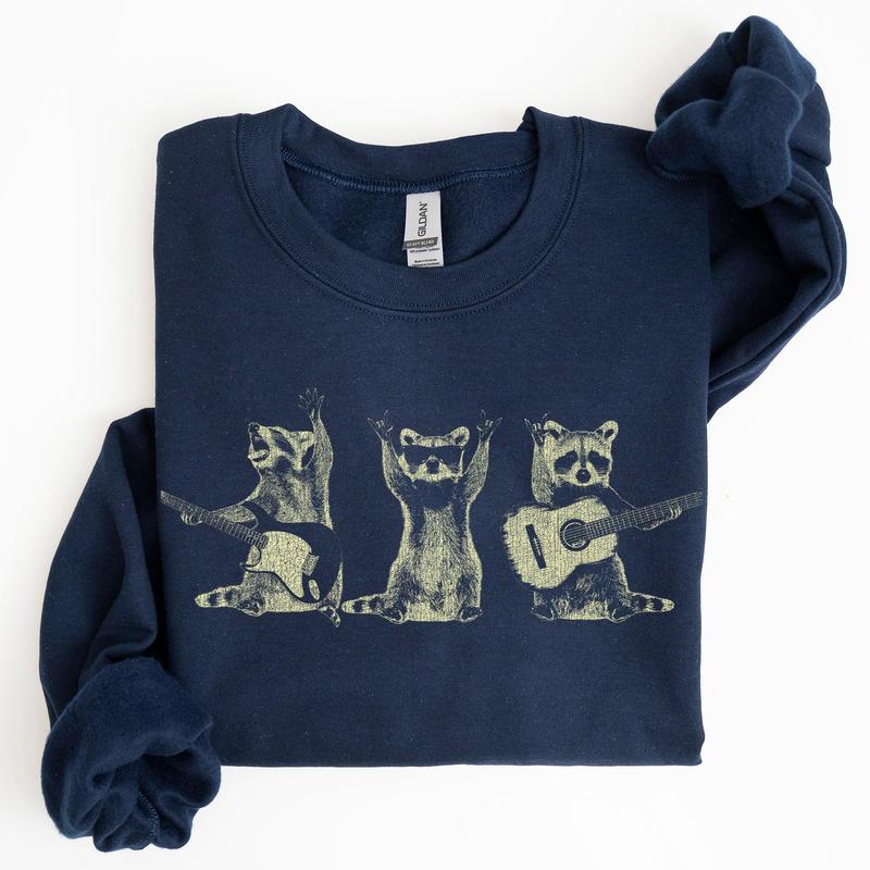 Raccoon Band, Playing Guitar, Funny Animals Sweatshirt, Crew Neck, Crewneck, Soft Unisex Graphic Casual Casual Comfort Womenswear ComfortableÂ Graphic