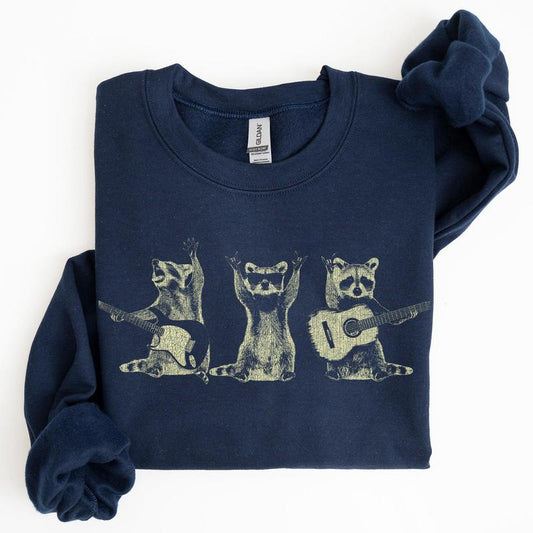 Raccoon Band, Playing Guitar, Funny Animals Sweatshirt, Crew Neck, Crewneck, Soft Unisex Graphic Casual Casual Comfort Womenswear ComfortableÂ Graphic