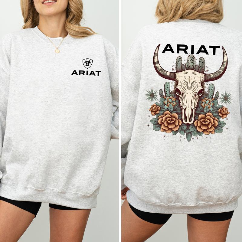 Vintage Ariat Floral Bull Skull 2-Sided Sweatshirt, Western Cowboy Crewneck, Country Cowgirl Sweater, Boho Women's Tops, Casual Cotton Womenswear