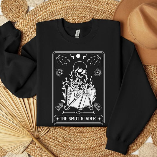 The Smut Reader Tarot Card Sweatshirt, Skeleton Reading Sweater, Book Lover Gift For Goth Mom