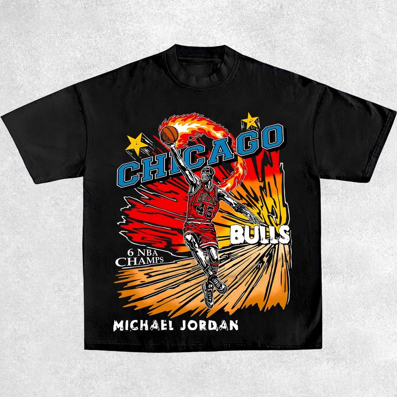 MJ Bulls Shirt, Vintage Graphic T-shirt Heavy Cotton Tee Basketball Streetwear 90s, T-Shirt Sports Clothing Menswear Top Streetwear Shortsleeve