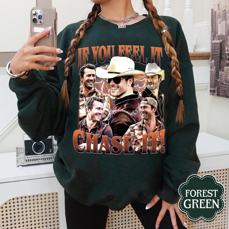 Vintage If You Feel It Chase It Glen Powell Tyler Owens Shirt, Gift For Women and Men, Unisex Softstyle Crewneck Menswear T-Shirt Medium Fit